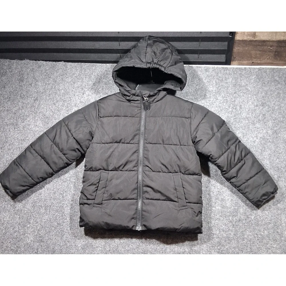 Swiss Tech Kids Black Hooded Puffer Jacket Size XS 4-5 Full Zip SW33100078181A‎